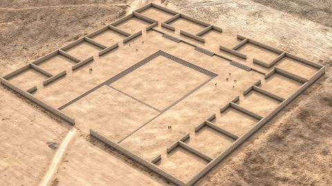 Stone alignments revealed an ancient temple, called Palaspata after the native name for the area. The temple complex is approximately 125 meters long by 145 meters wide — about the size of a city block — and includes 15 quadrangular enclosures arranged around a rectangular inner courtyard. This is a digital reconstruction of the temple.
