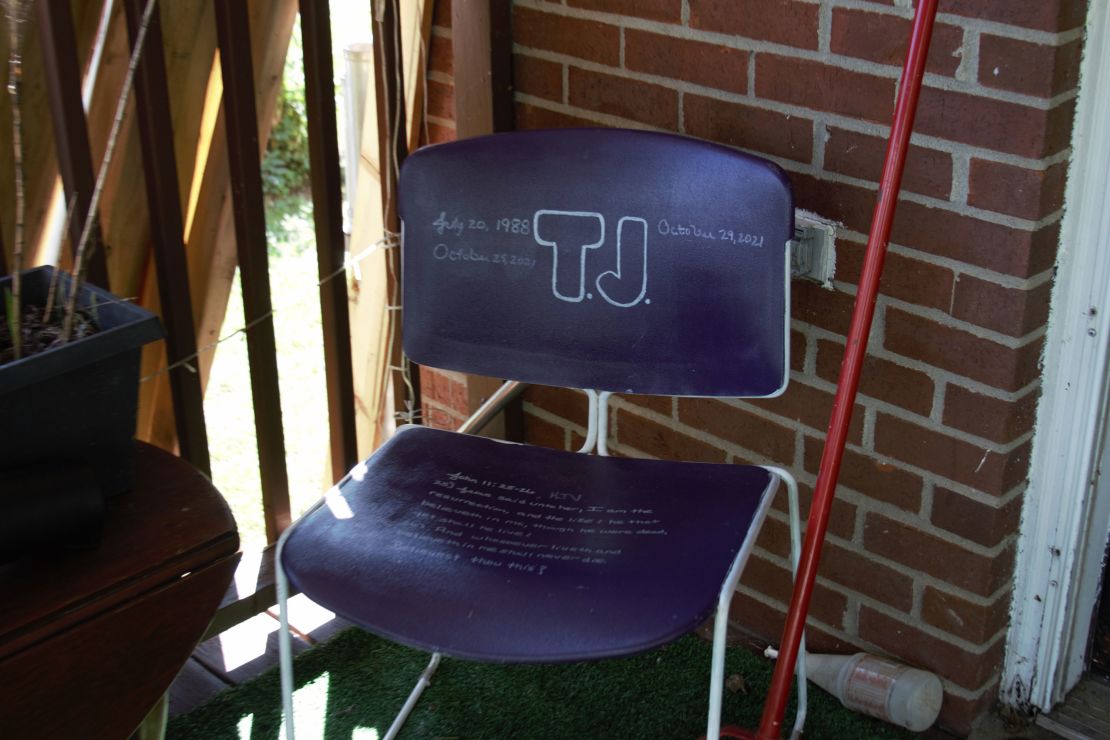 A chair on Donna Rhorer's back porch bears TJ’s handwritten initials and important dates.