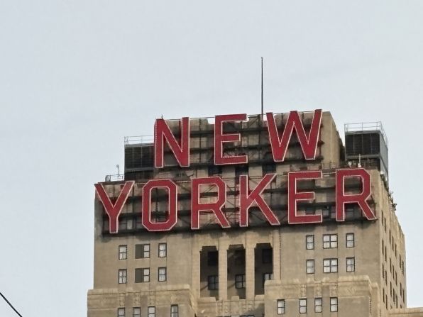 A close-up and pixelated view of The New Yorker hotel signage