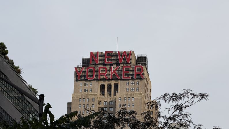 The New Yorker Hotel signage seen from below