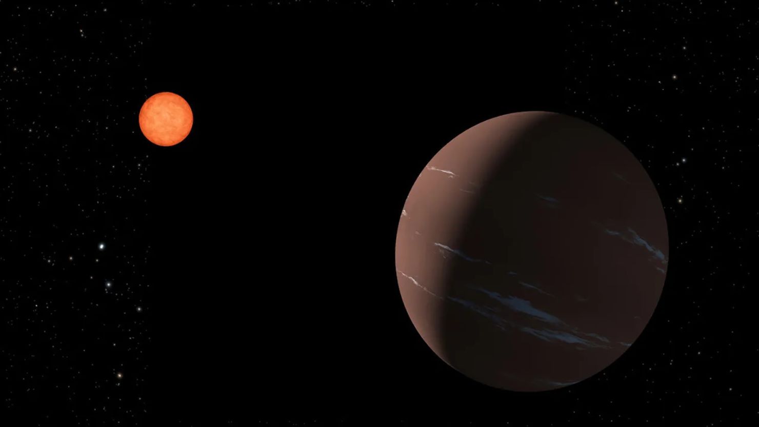 An artist's illustration depicts the 'super-Earth' exoplanet TOI-715b as it orbits within the habitable zone around a red dwarf star.