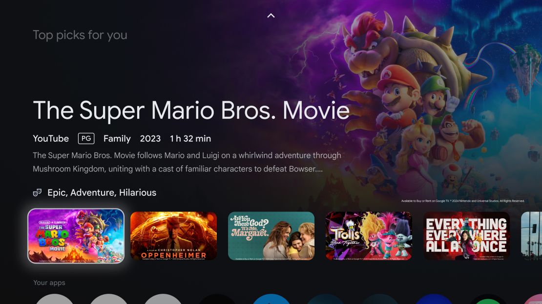 The Super Mario Bros. Movie is atop a list of Top picks for you in the Google TV Streamer interface