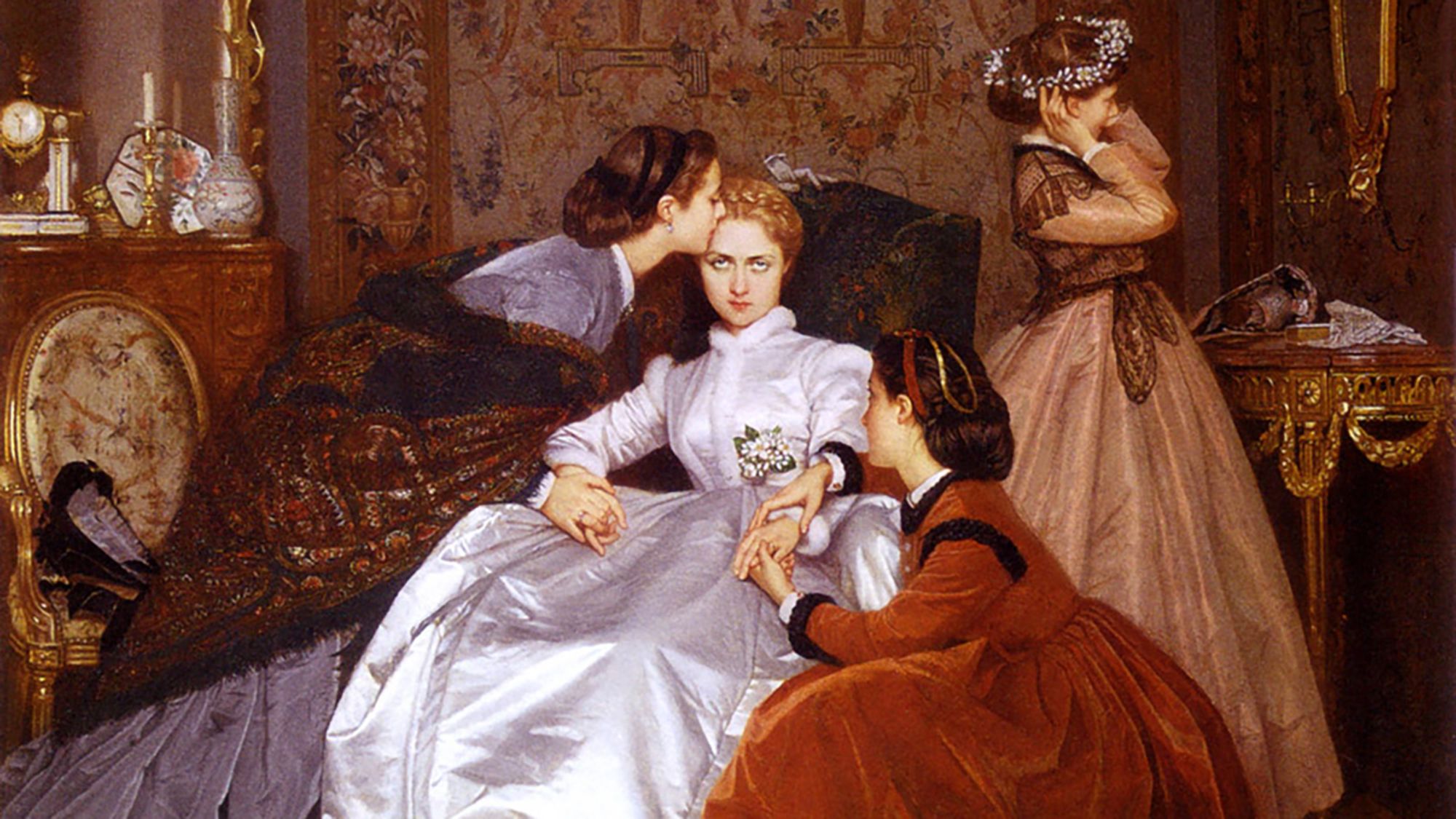 "La Fiancée Hésitante," translated to "The Hesitant Fiancée" or "The Reluctant Bride," is an 1866 painting by French painter Auguste Toulmouche depicting a royally upset woman about to be married against her will.