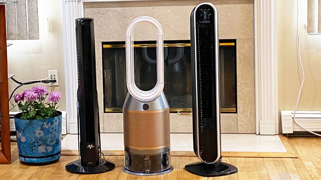 Left to right: A few of the tower fans we tested from Vornado, Dyson and Lasko.
