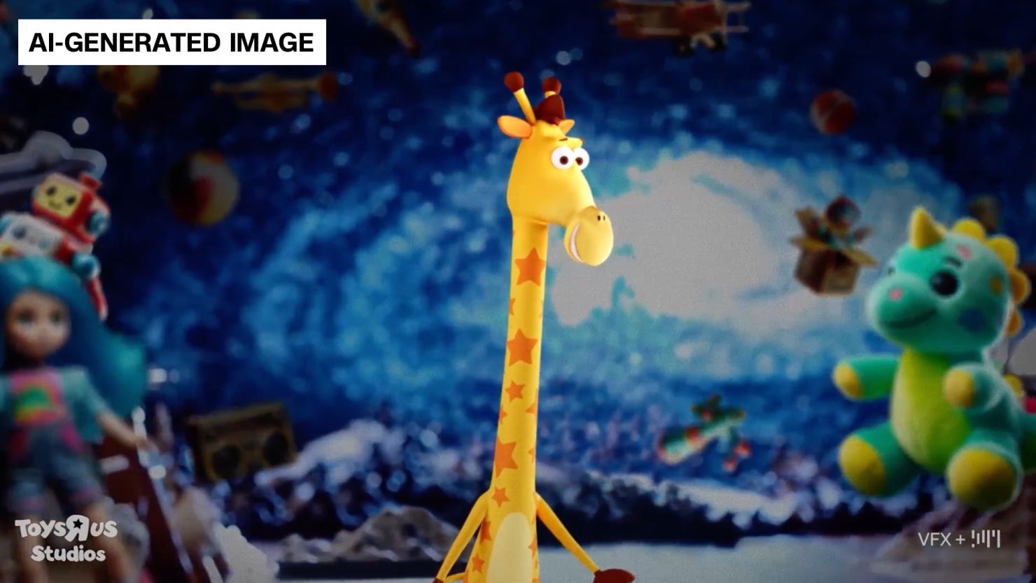 A screenshot from an AI-generated video that Toys "R" Us released. It is believed to be the first ad created with OpenAI's Sora.