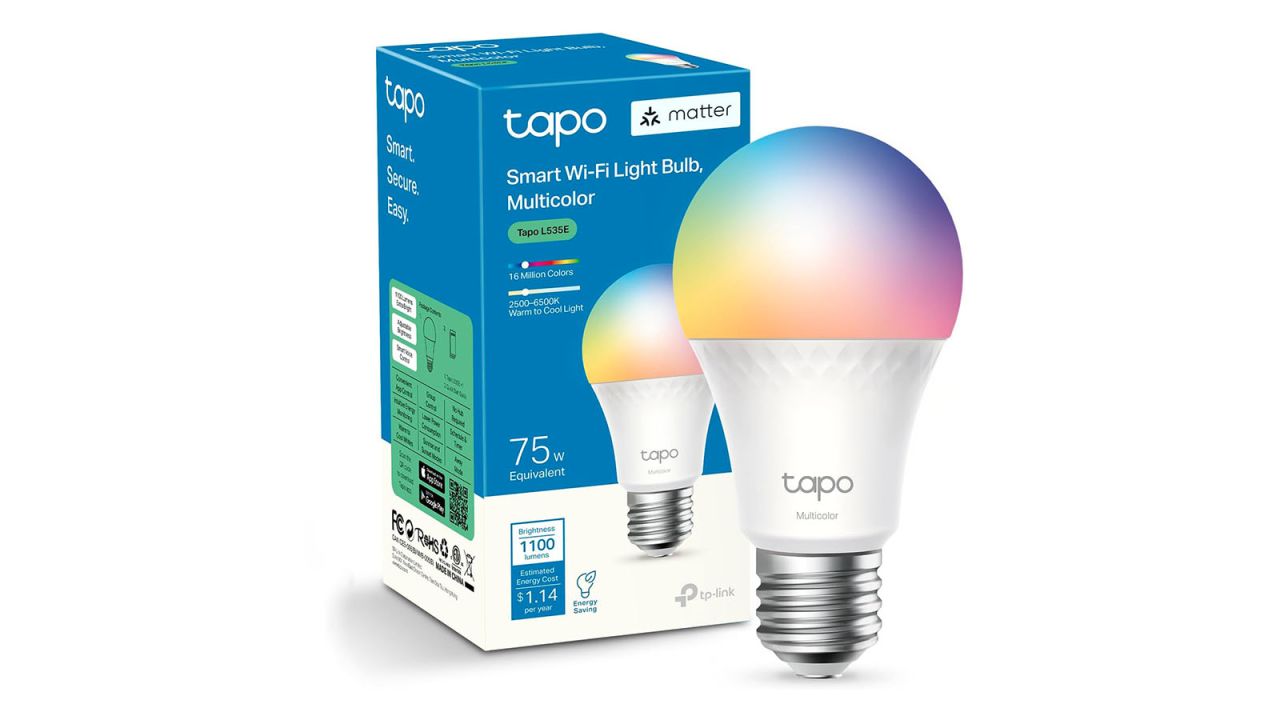 TP-Link Tapo L535E Smart Wi-Fi Multicolor Light Bulb on a white background.