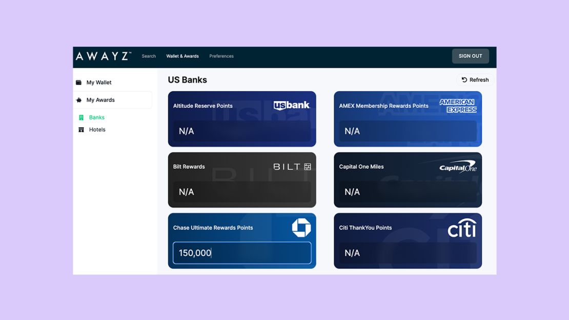 A screenshot that shows award balances in Awayz
