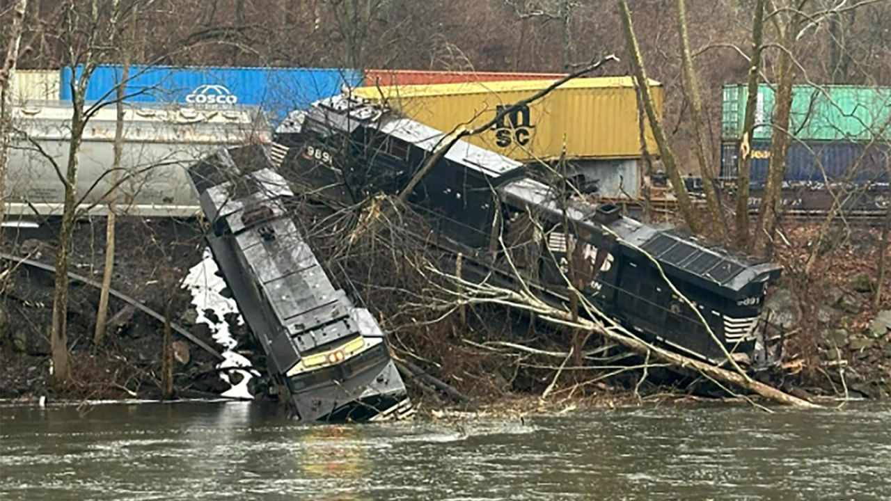 A freight train derailed along the Lehigh River in northwest Pennsylvania on Saturday.