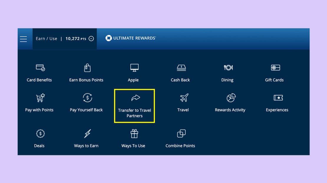 A screenshot of the "Transfer to Travel Partners" button on the Chase Ultimate Rewards portal