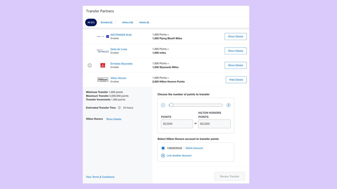 A screenshot that shows someone transferring Amex points to a partner