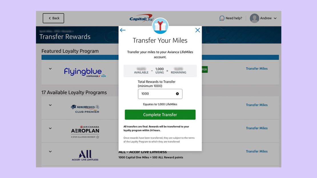 A screenshot that shows the process of transferring Capital One miles to Avianca LifeMiles