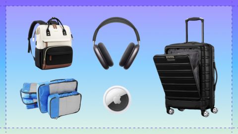 A photo of travel items on sale during Prime Day including a Samsonite suitcase, AirPods Max headphones, AirTags, Amazon Basics packing cubes and a Lovevook backpack.