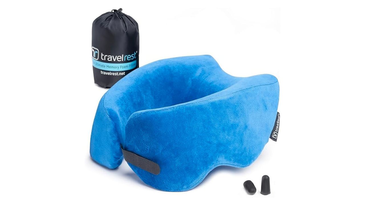 The Travelrest Nest Memory Foam Travel Pillow on a white background.