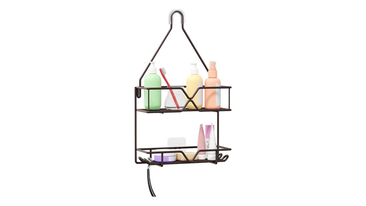 A hanging shower organizer houses several bottles and grooming tools.