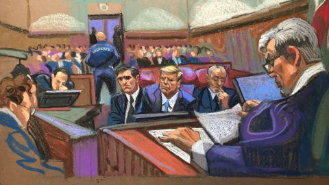 Court sketch of former U.S. President Donald Trump flanked by his attorneys— Emil Bove (R) and Todd Blanche (L) –in a Manhattan courtroom during his trial over charges that he falsified business records to conceal money paid to silence porn star Stormy Daniels in 2016, in Manhattan state court in New York City, U.S. April 18, 2024. New York Supreme Court Judge Juan Merchan (seen in foreground on the right) presides over the criminal trial.