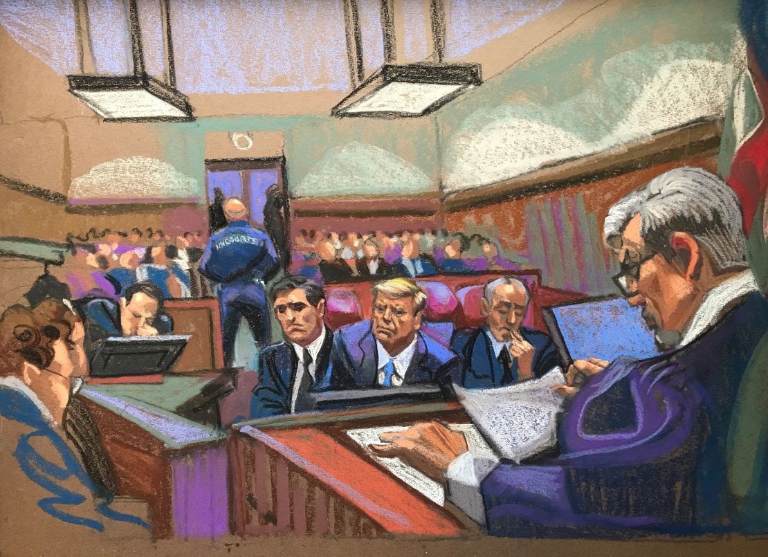 Court sketch of former U.S. President Donald Trump flanked by his attorneys — Emil Bove (R) and Todd Blanche (L) — in a Manhattan courtroom during his trial. Judge Juan Merchan (seen in foreground on the right) presides over the criminal trial.