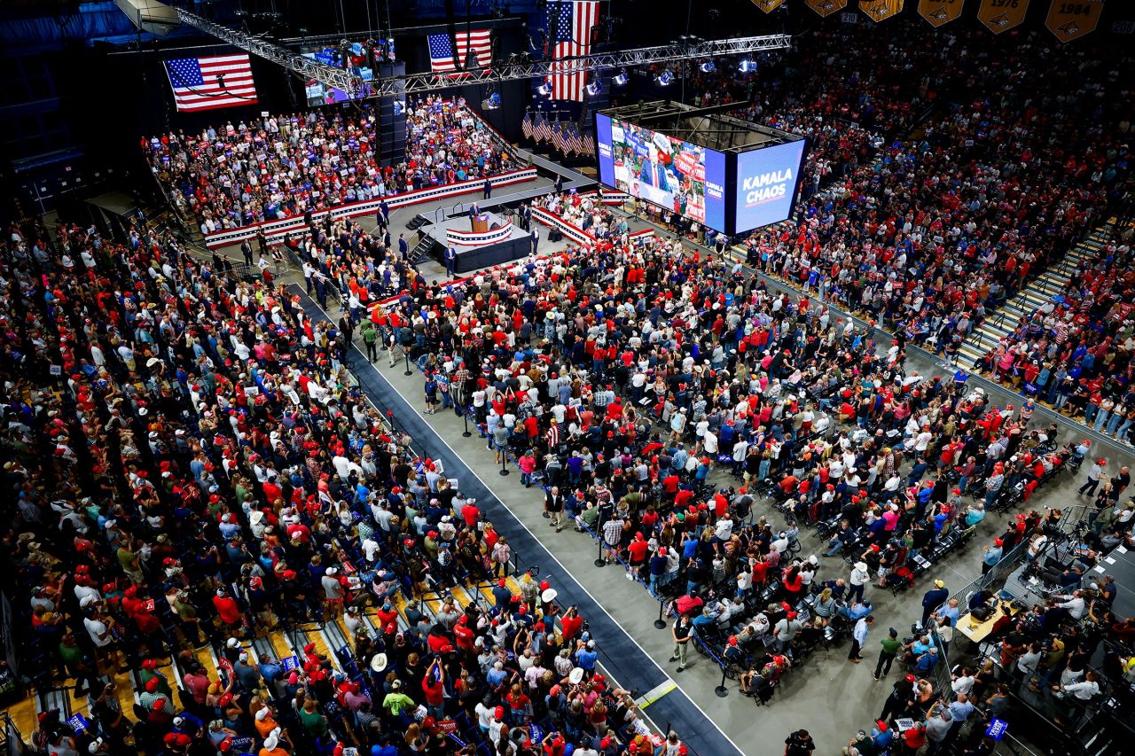 Former President Donald Trump speaks at a rally at the Brick Breeden Fieldhouse at Montana State University on August 9 in Bozeman, Montana.