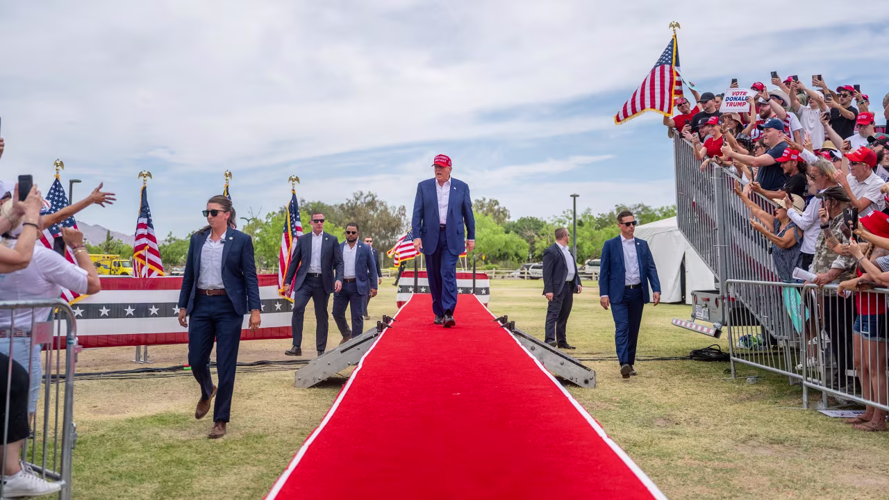 Former President Donald Trump arrives for his campaign rally at Sunset Park on June 09, 2024 in Las Vegas, Nevada. 