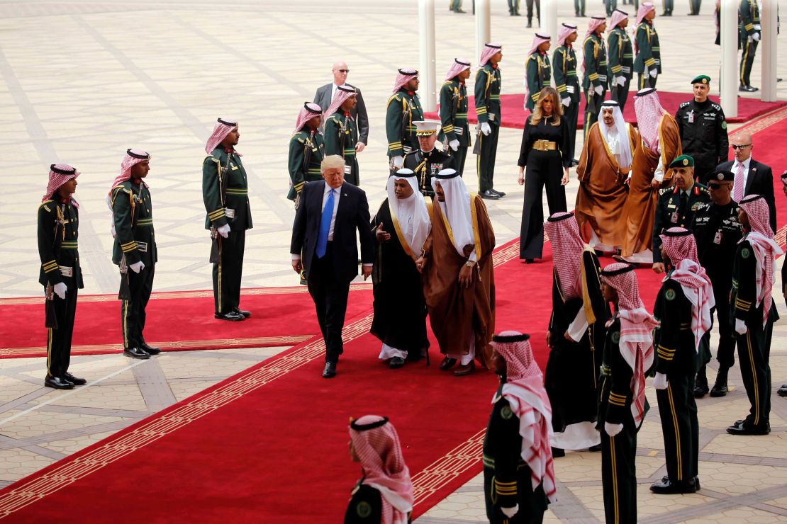 Saudi Arabian King Salman bin Abdulaziz Al Saud welcomes President Donald Trump during a reception ceremony in Riyadh, Saudi Arabia, on May 20, 2017.