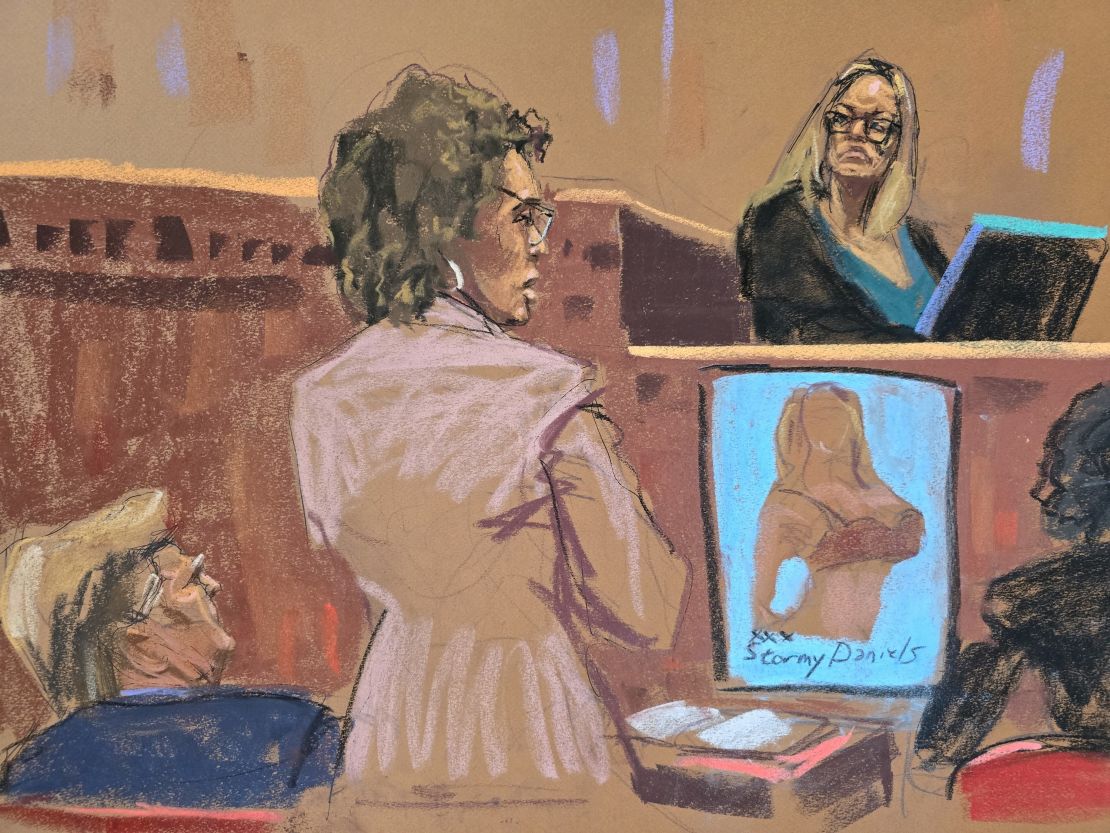 Defense attorney Susan Necheles cross-examines Stormy Daniels during the trial on Thursday, May 9.
