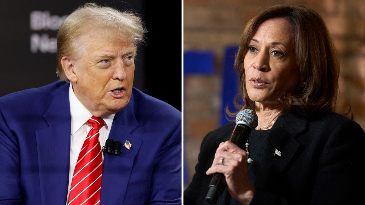 Former President Donald Trump and Vice President Kamala Harris speak at respective campaign events on October 15, 2024.