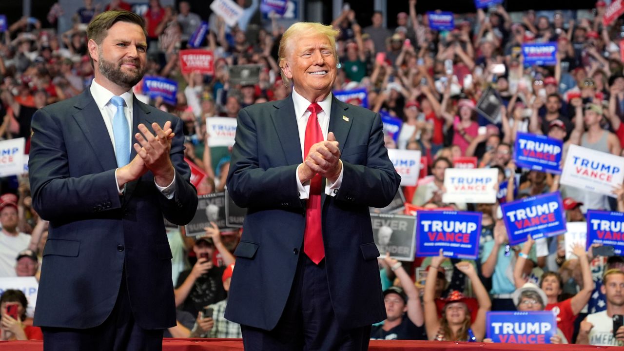 Republican presidential candidate former President Donald Trump and Republican vice presidential candidate Sen. JD Vance, R-Ohio, arrive at a campaign rally, Saturday, July 20, 2024, in Grand Rapids, Mich. (AP Photo/Evan Vucci)