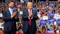 Republican presidential candidate former President Donald Trump and Republican vice presidential candidate Sen. JD Vance, R-Ohio, arrive at a campaign rally, Saturday, July 20, 2024, in Grand Rapids, Mich. (AP Photo/Evan Vucci)