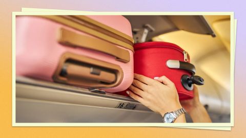 A photo of someone putting a carry-on bag into an overhead compartment on an airplane