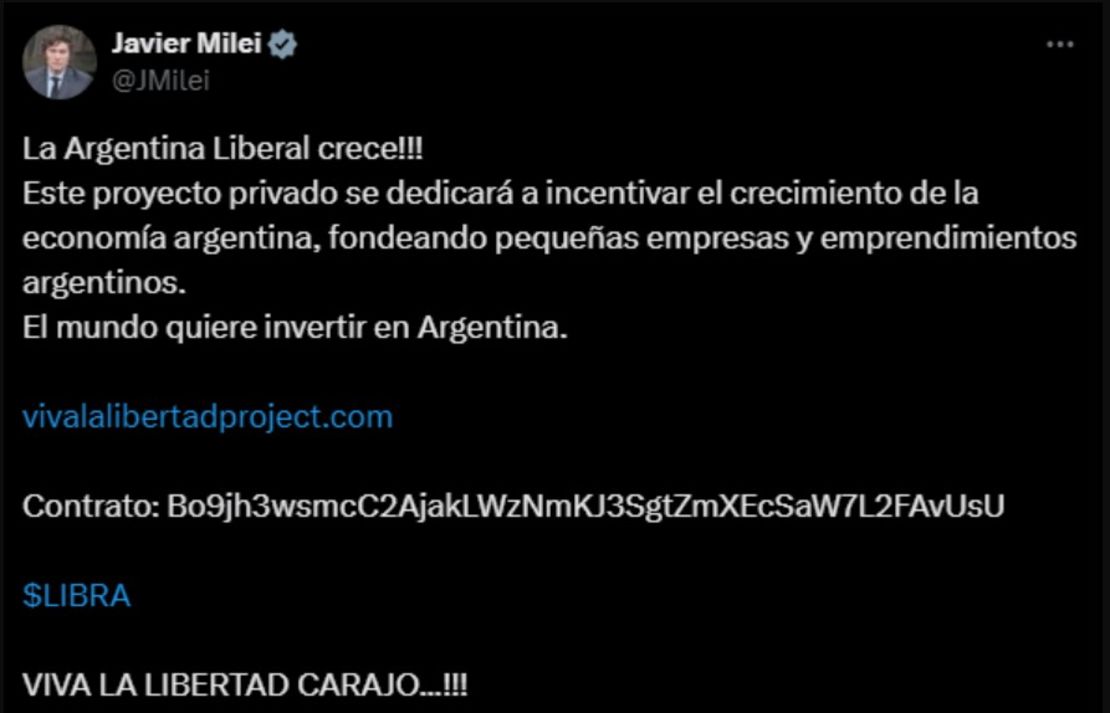 El tuit borrado de Javier Milei en X.