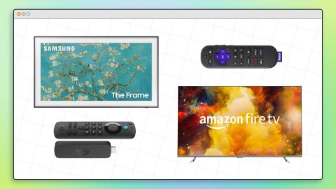 (Clockwise from top left) A Samsung The Frame TV, a Roku remote, an Amazon Fire TV and a Fire TV Stick with remote in a collage graphic that uses a desktop window graphic background