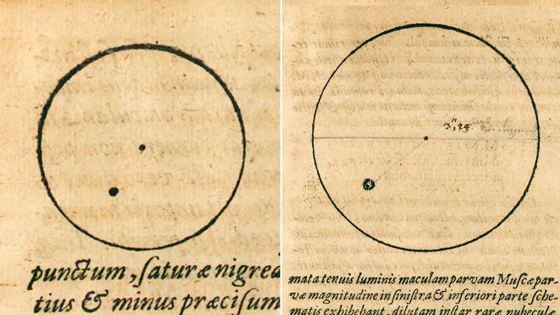 El astrónomo Johannes Kepler hizo bocetos de manchas solares que se publicaron en su libro de 1609 “Phaenomenon Singulare Seu Mercurius In Sole”.