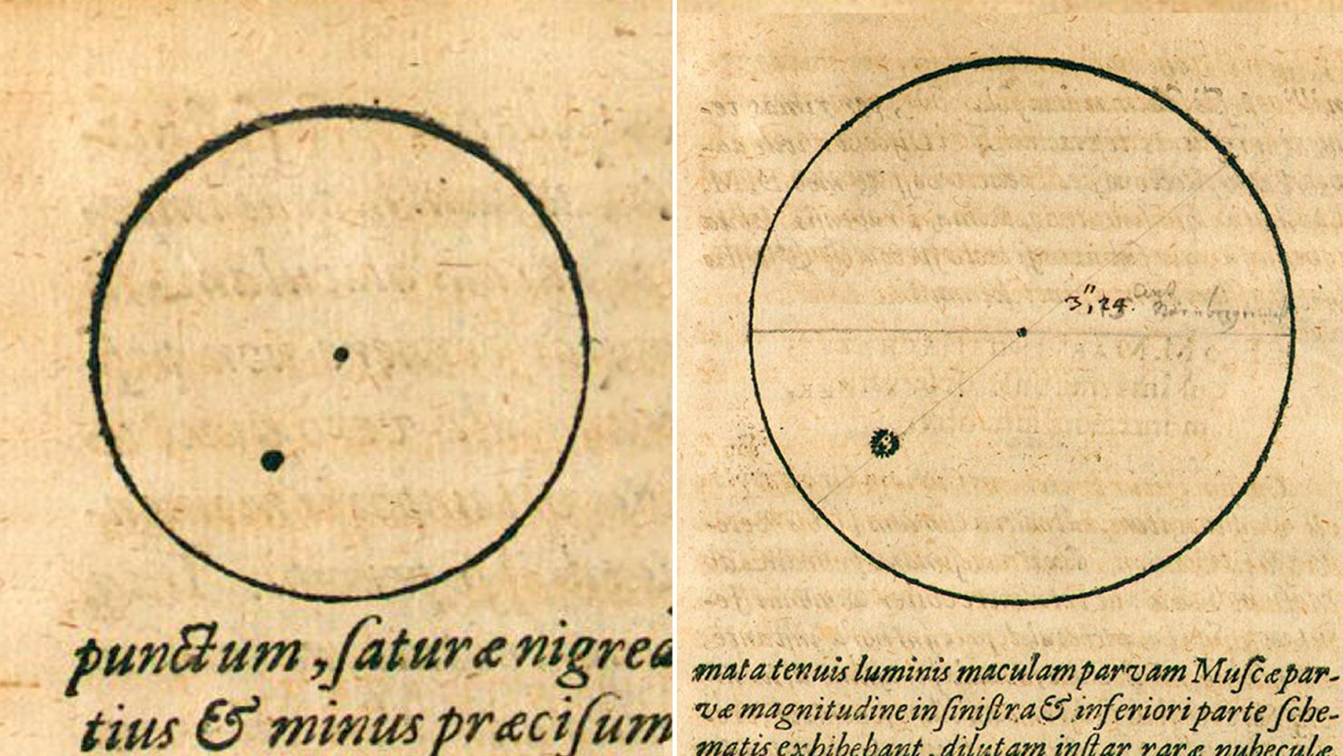 Astronomer Johannes Kepler made sketches of sunspots that were published in his 1609 book "Phaenomenon Singulare Seu Mercurius In Sole."