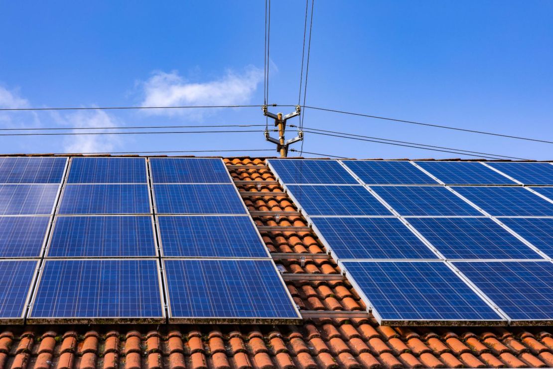 Polycrystalline solar panels on a residential roof