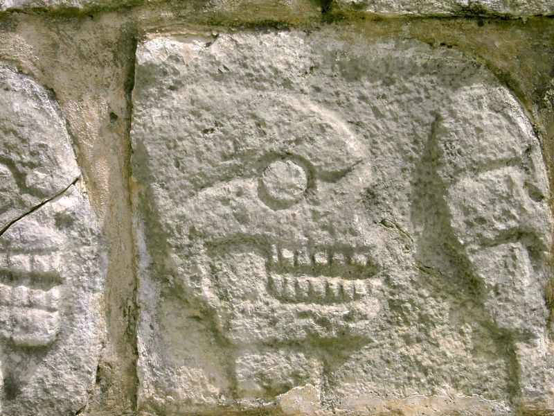 A detail from a reconstructed stone tzompantli, or skull rack, is pictured at Chichén Itzá, an ancient Maya city where human sacrifice was commonplace.