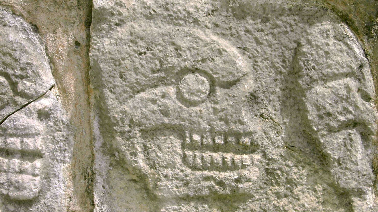 A detail from a reconstructed stone tzompantli, or skull rack, is pictured at Chichén Itzá, an ancient Maya city where human sacrifice was commonplace.