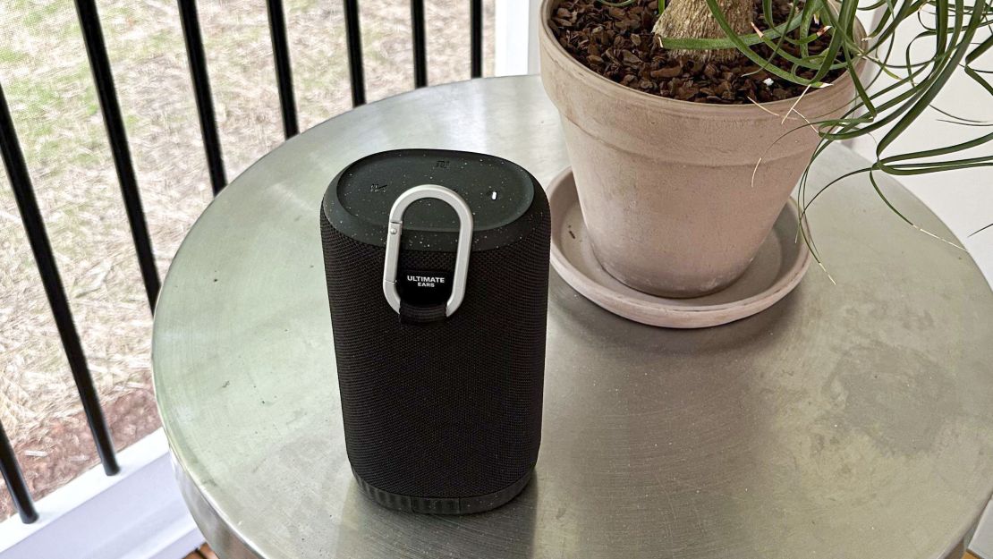 Back of UE Everboom speaker placed next to potted plant, both placed on a small table.