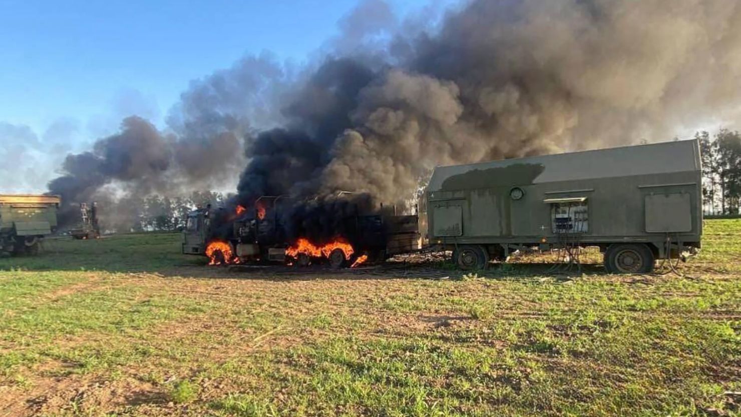 The picture posted on Facebook by Ukrainian government minister Iryna Vereshchuk that purportedly shows a Russian S-300 missile system hit by a Western-supplied weapon inside Russian territory.