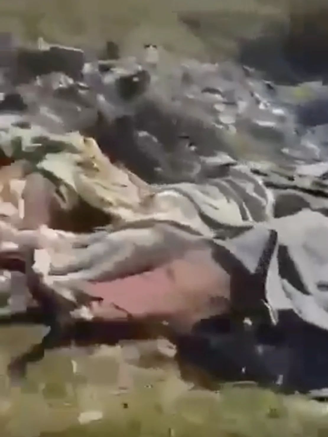 Un video verificado por CNN muestra cuerpos apilados al costado de la carretera.