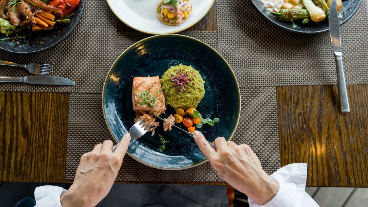 Plates with food on a table at a restaurant.