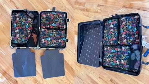 The packing cube set fills a full carry-on and one side of a checked bag.