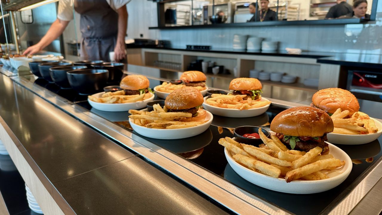 Burgers and fries in the Sapphire Lounge in Boston