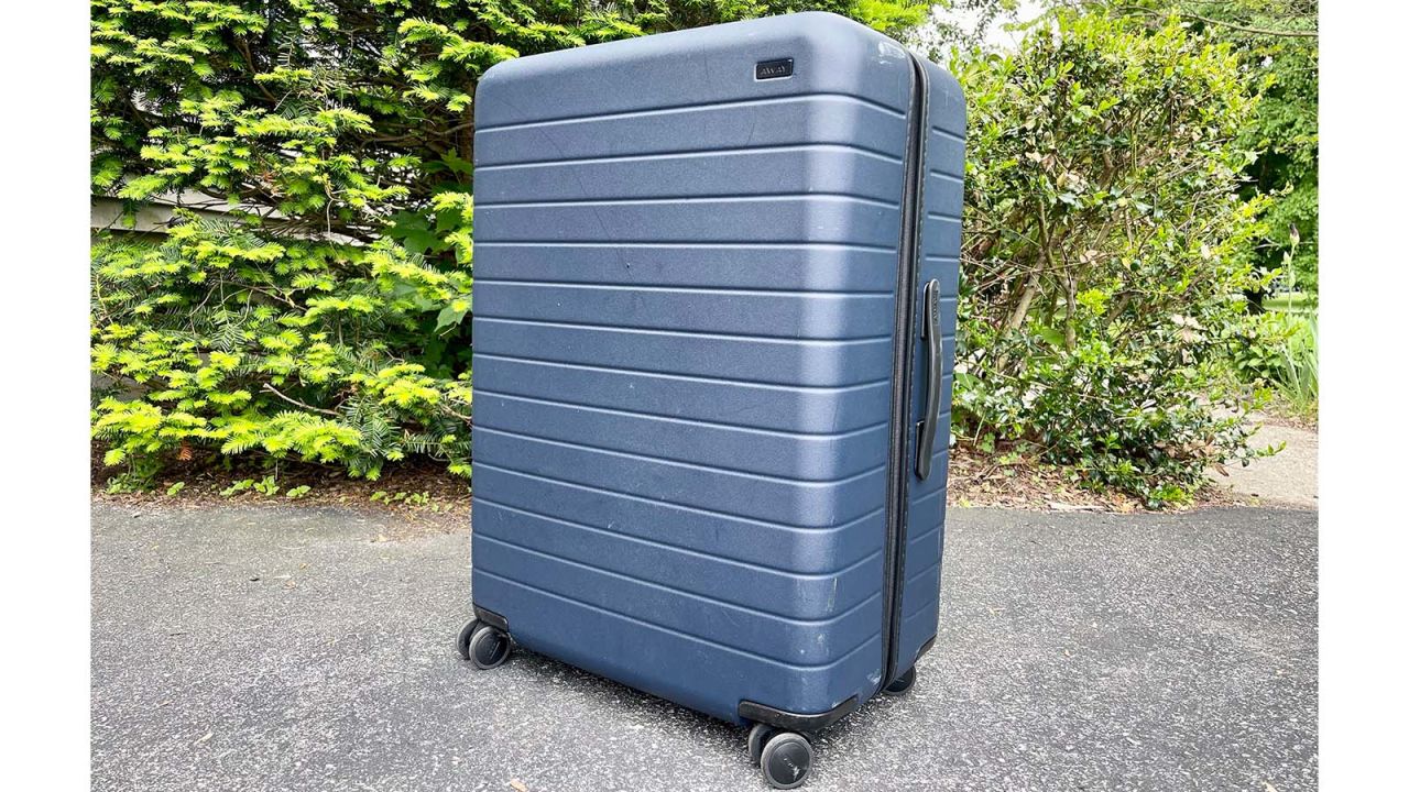 A photo of a large Away checked bag outside