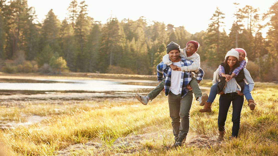 underscored family on walk hiking