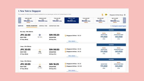 Un vol aller simple en classe affaires de New York à Singapour coûte 99 000 miles d'économies et seulement 5,60 $ en taxes et frais.