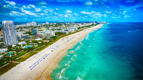 The white sand and turquoise ocean of Miami Beach, Florida.