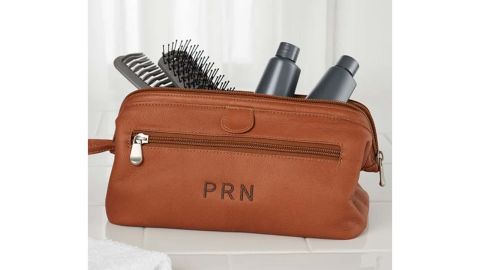 Personalization Shopping Center Personalized Tan Leather Toiletry Bag