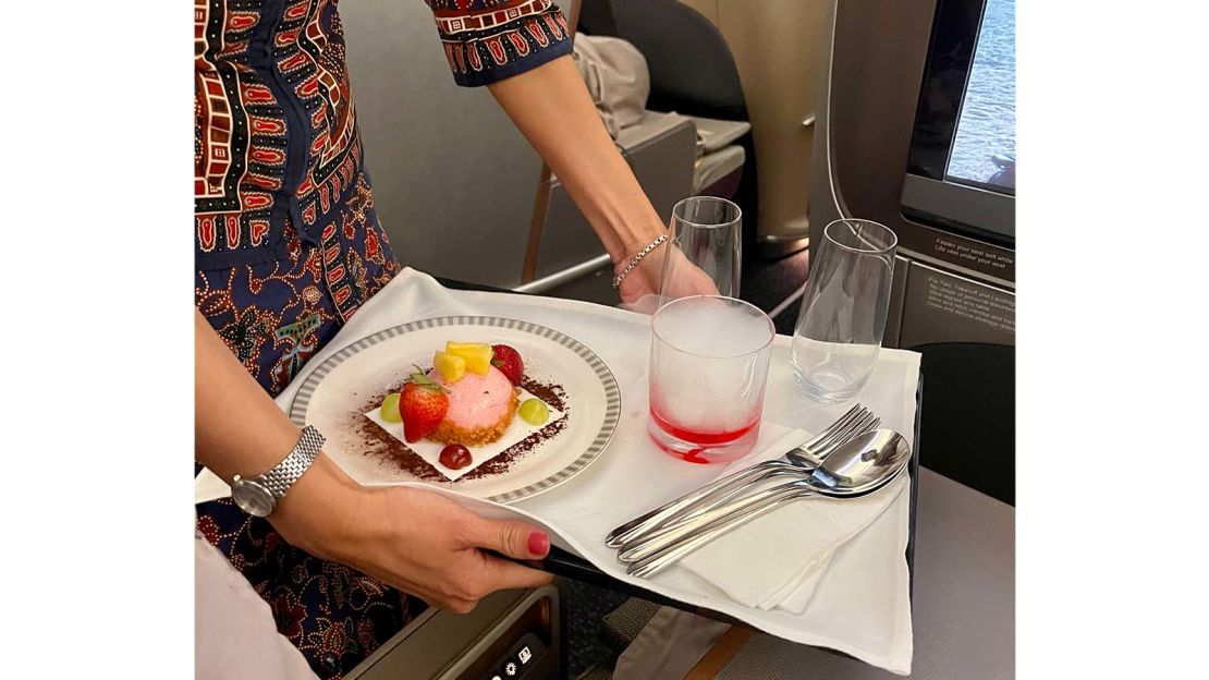 A photo of a dessert plate in Singapore Airlines business class