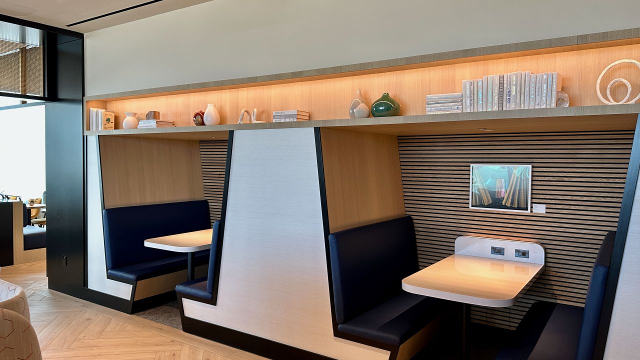Booth seating at the Sapphire Lounge in Boston Logan International Airport