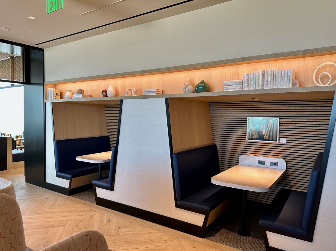 Booth seating at the Sapphire Lounge in Boston Logan International Airport