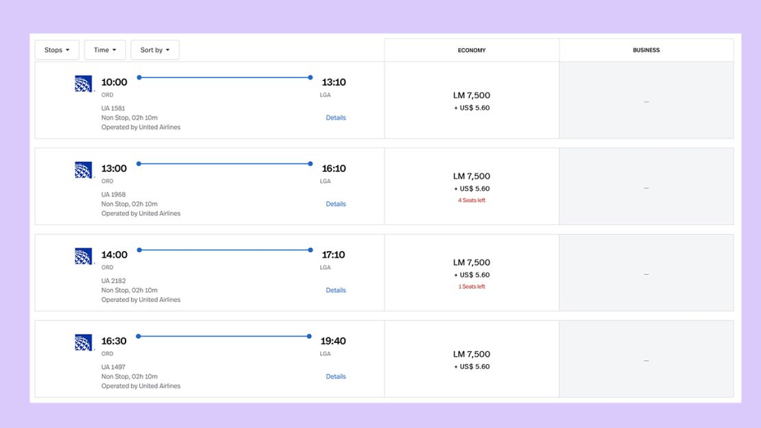 A screenshot showing multiple United flights from Chicago to New York City on the Avianca LifeMiles website